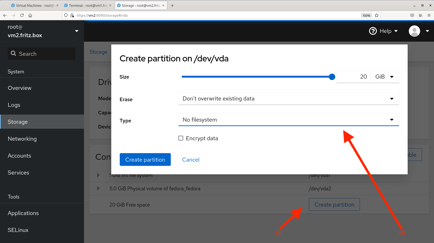 Cockpit create partition form