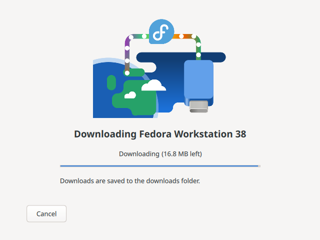 Obrázek automatického stahování ve Fedora Media Writeru