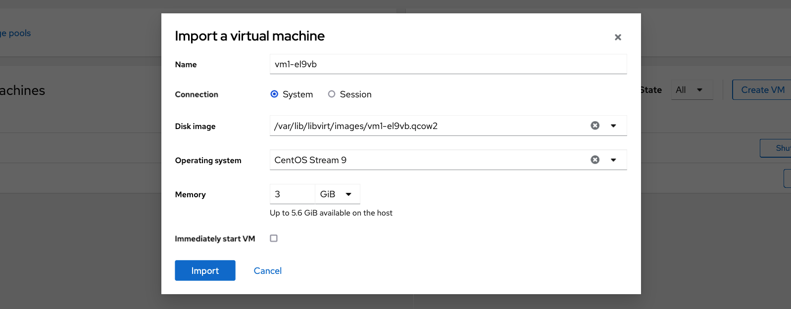 Cockpit `__Import a virtual machine__` form