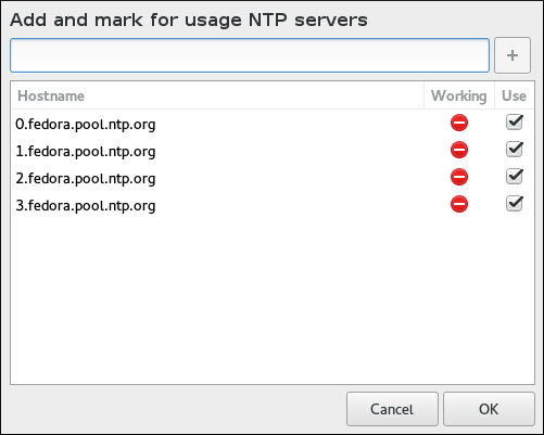 Una ventana de diálogo para permitirle añadir o quitar conjuntos NTP de la configuración de su sistema