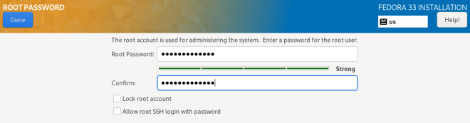 Pantalla Contraseña de Root. Use los campos de entrada texto para suministrar su contraseña de root.