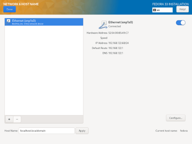 The Network & Hostname screen. In the left pane