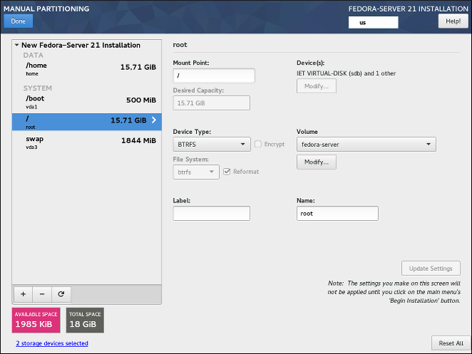 The Manual Partitioning screen