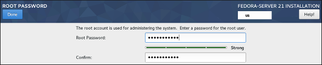 The Root Password screen. Use the text input fields to provide your root password.