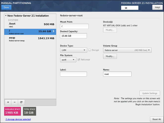 The Manual Partitioning screen