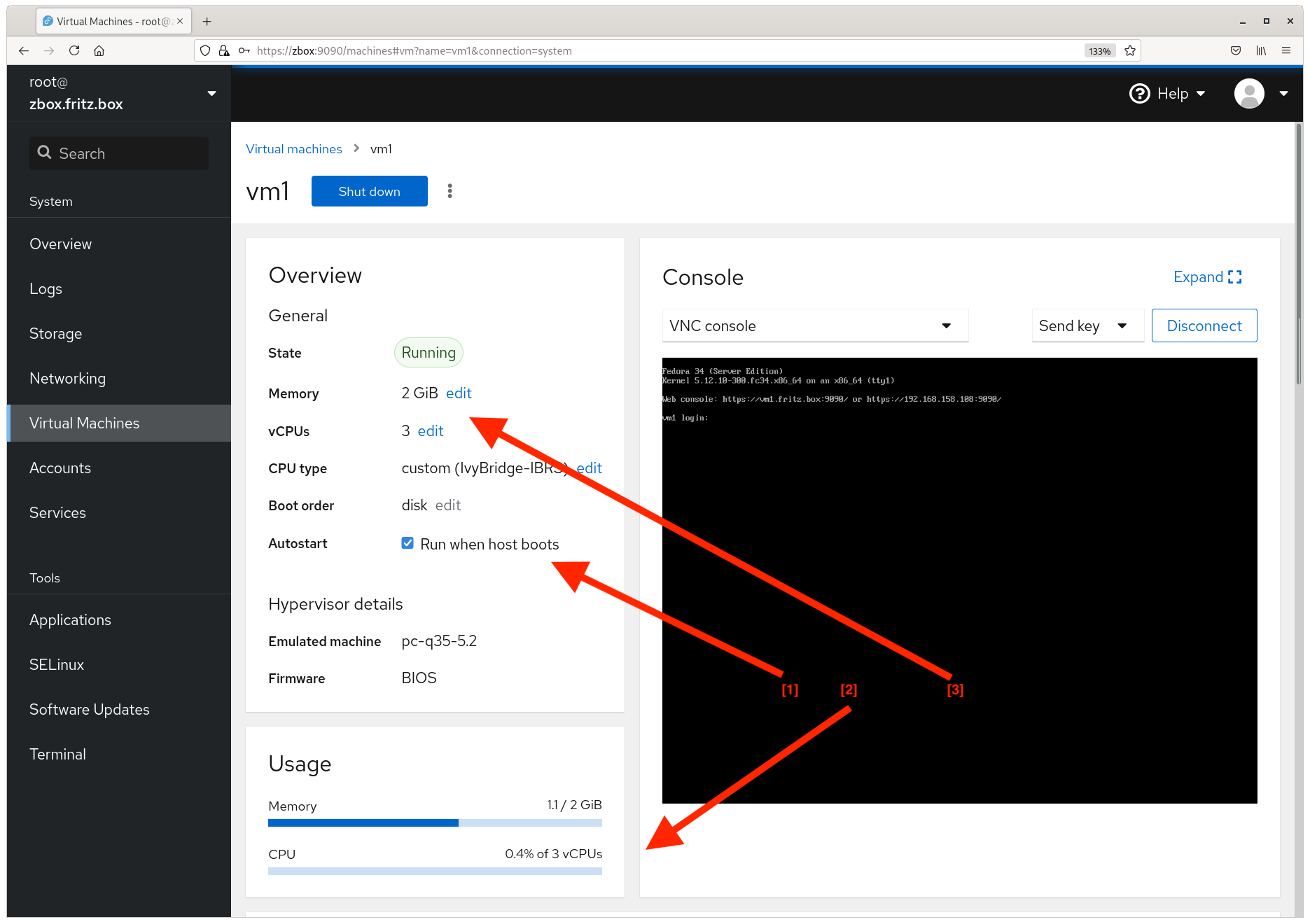 Cockpit basic virtual machines runtime parameter