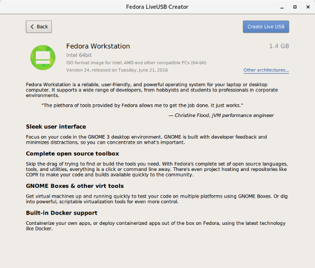 Gambar Layar Informasi Distro Fedora Media Writer