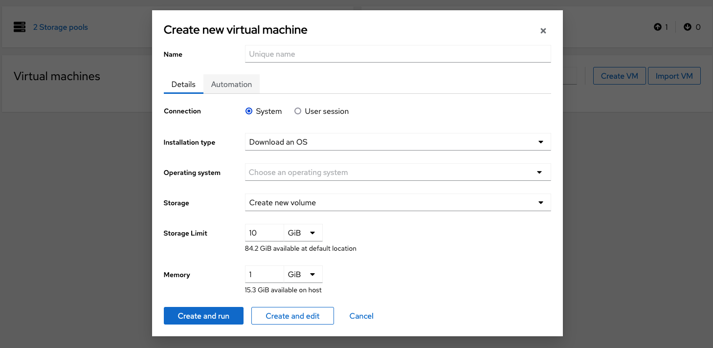 Cockpit `__Create new virtual machine__` form