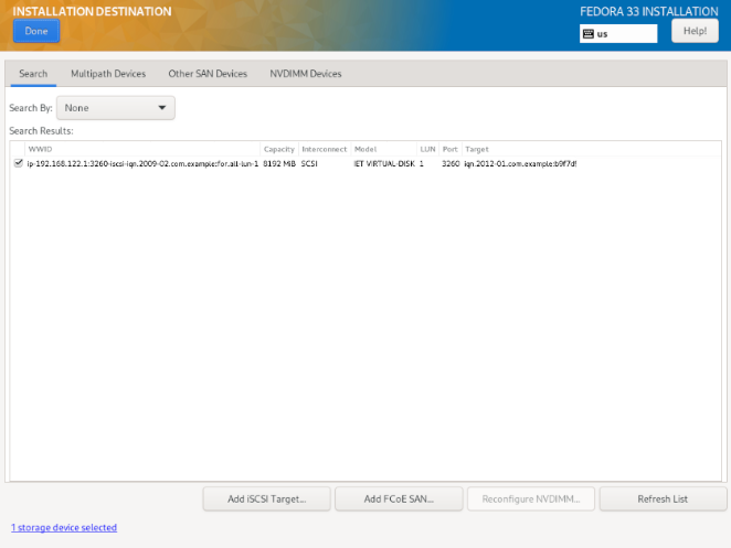 A list of currently configured network storage devices