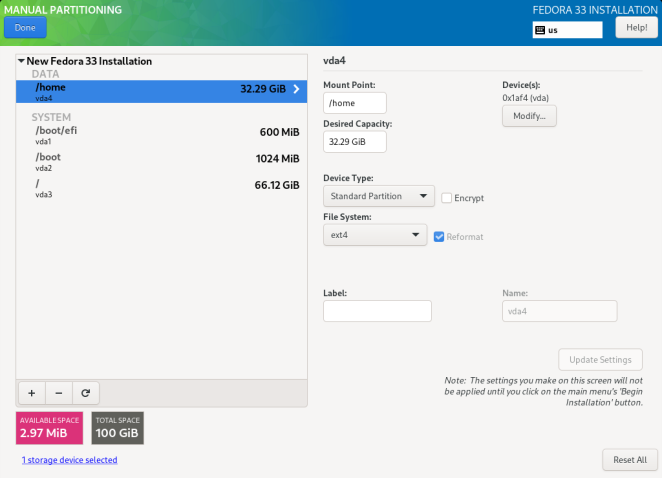 The Manual Partitioning screen