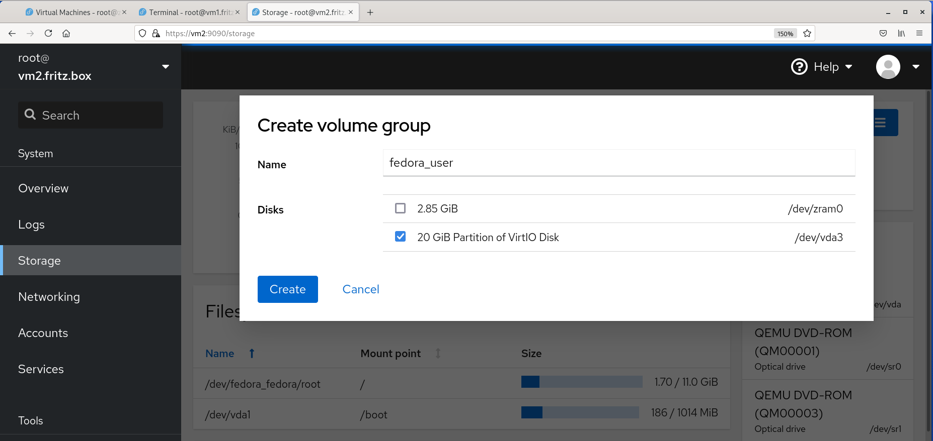 Cockpit create volume group form