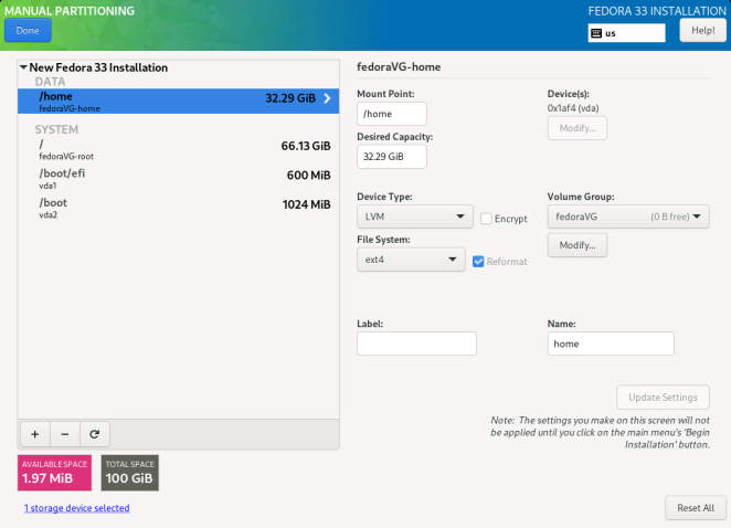 The Manual Partitioning screen