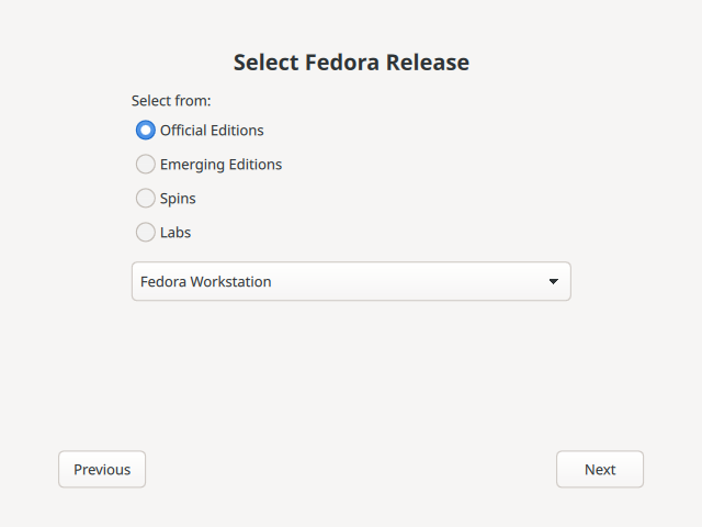 Image of Fedora Media Writer Distro Information Screen