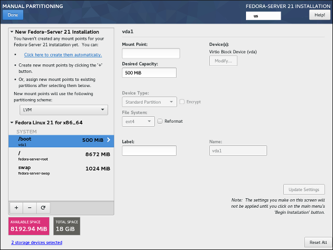 The Manual Partitioning screen. At this point