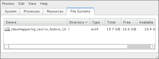 The File Systems tab of the System Monitor application.