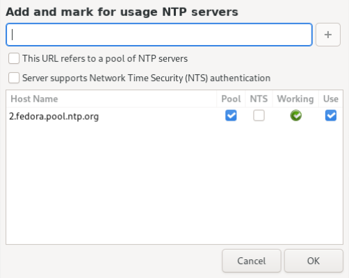 Uma janela de diálogo que lhe permite adicionar ou remover pools NTP da configuração do seu sistema