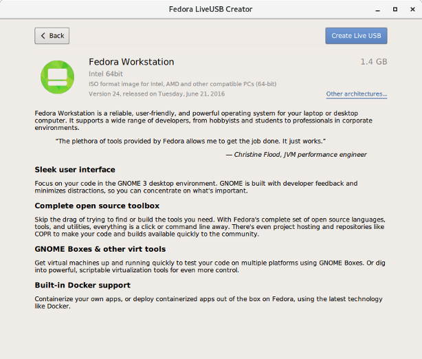 Imagem da tela de informações de distro no Fedora Media Writer