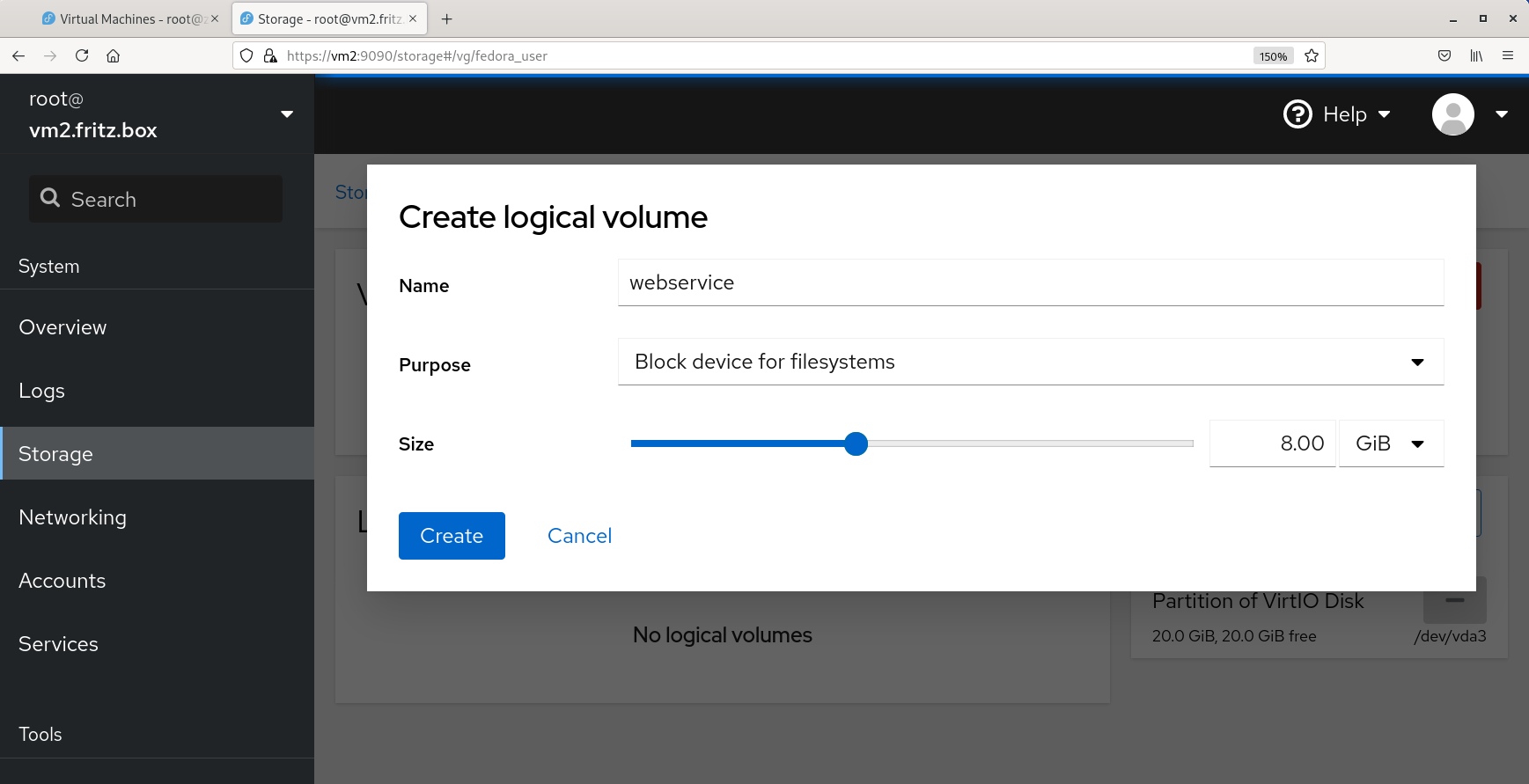 Cockpit create logical volume form