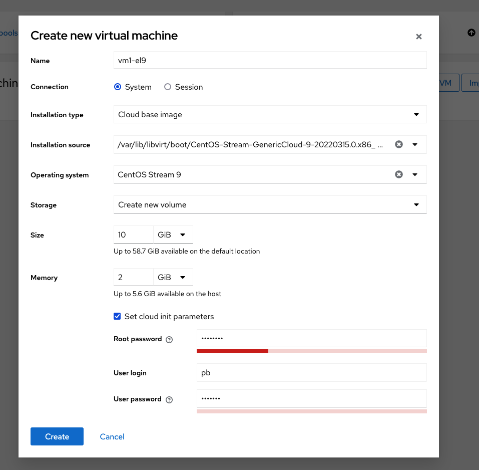 Cockpit `__Create new virtual machine__` form