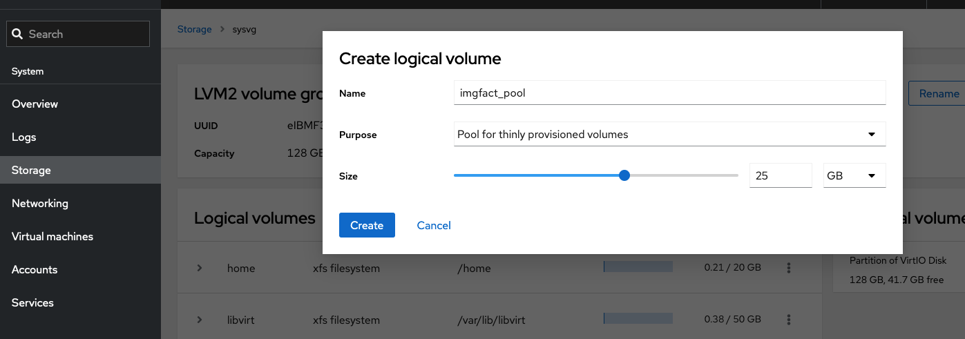 Cockpit Create thin pool