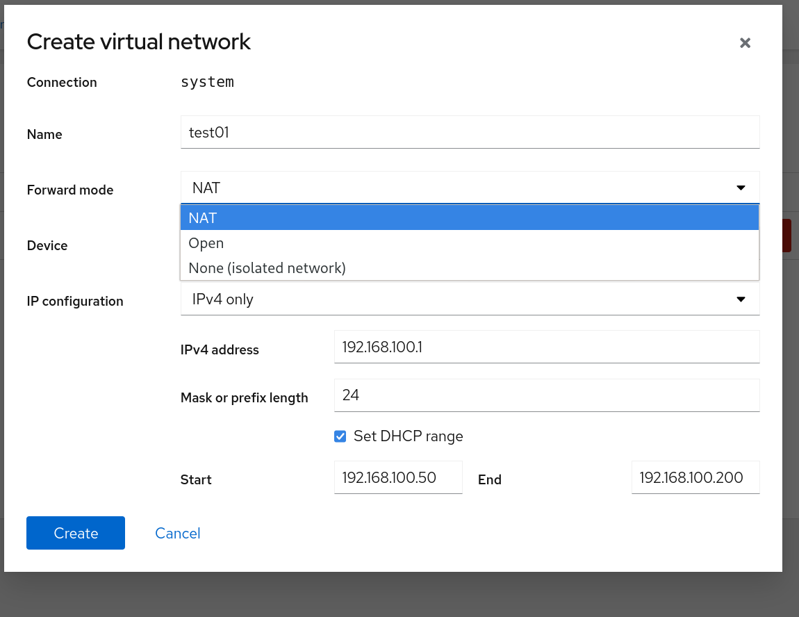 Cockpit create a libvirt virtual network