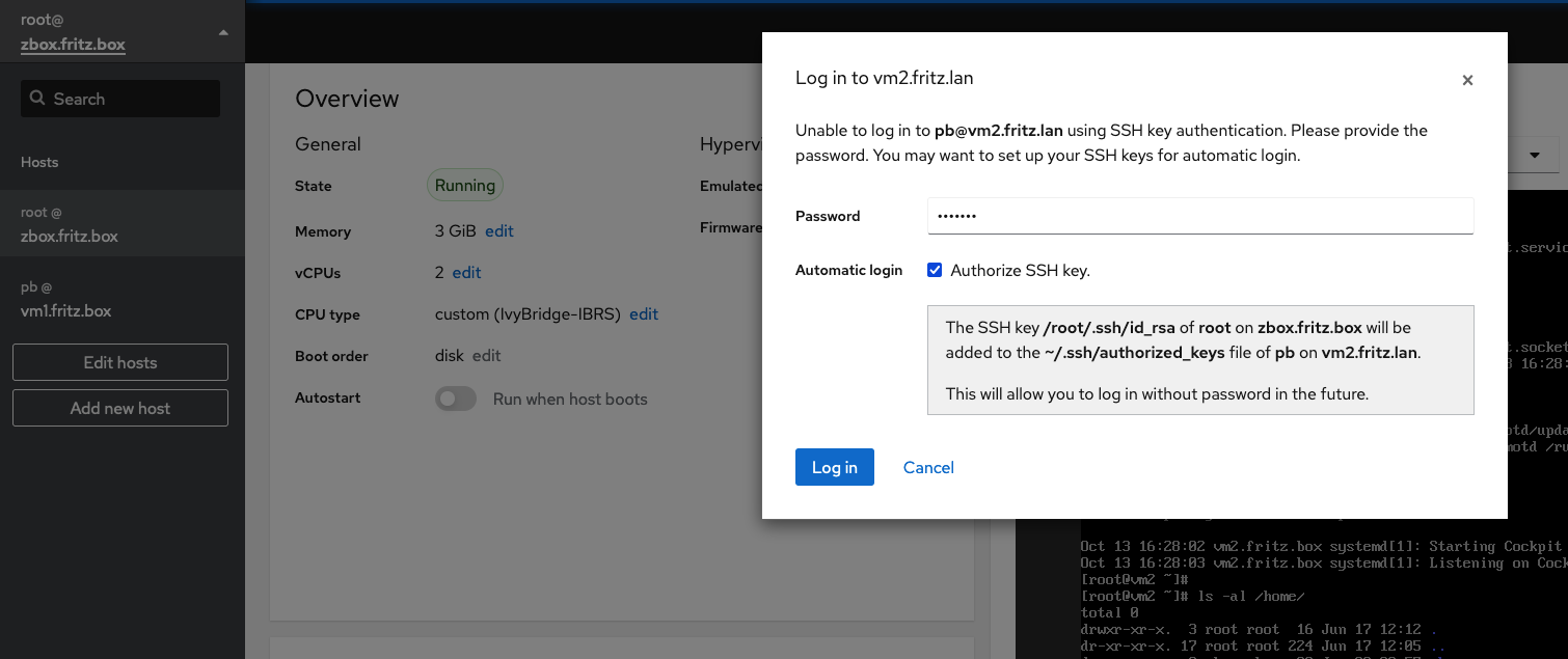 Cockpit login to remote instance