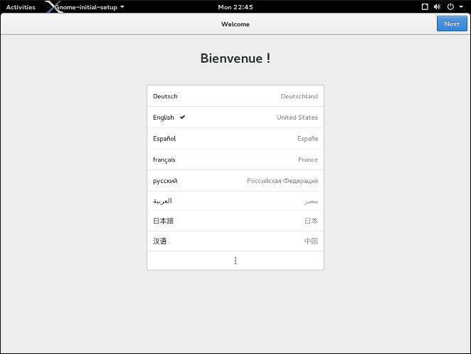 GNOME İlk Kurulum dil seçimi görüntülenirken.