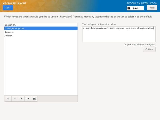 The keyboard layout configuration screen