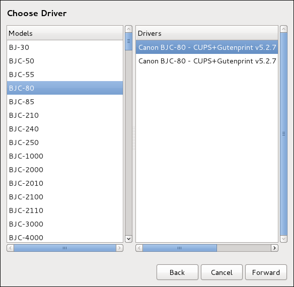 Selecting a Printer Model with a Driver Menu